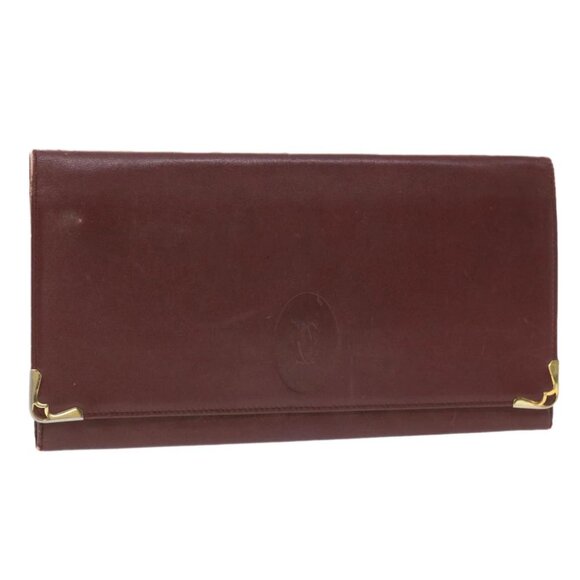 CARTIER Clutch Bag Leather Wine Red Auth 50447 - Picture 1 of 16